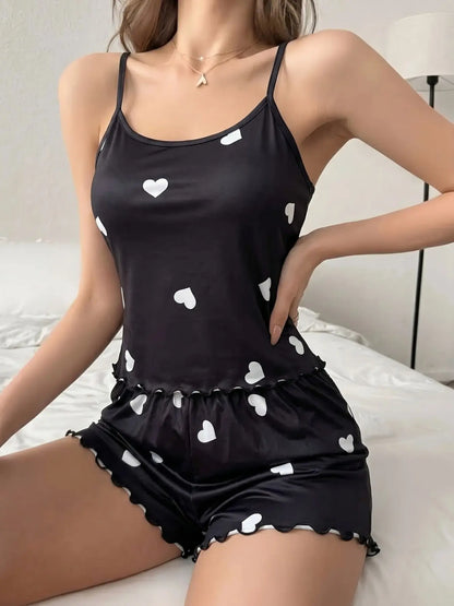 Women'S Summer Pajama Set 2 Piece, Cartoon Pattern Sleepwear, Casual Fitted Nightgown & Shorts, Comfortable Home Wear