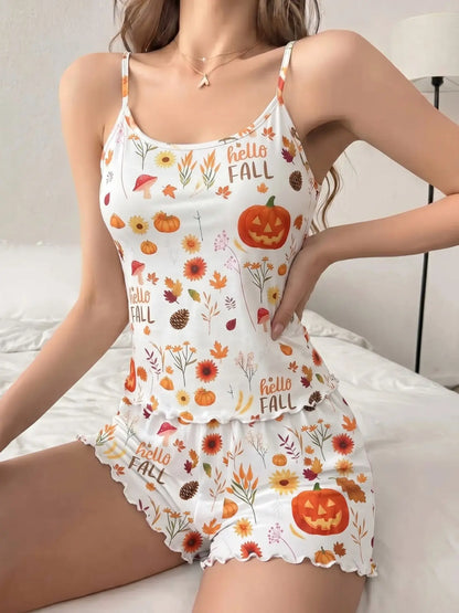 Women'S Summer Pajama Set 2 Piece, Cartoon Pattern Sleepwear, Casual Fitted Nightgown & Shorts, Comfortable Home Wear