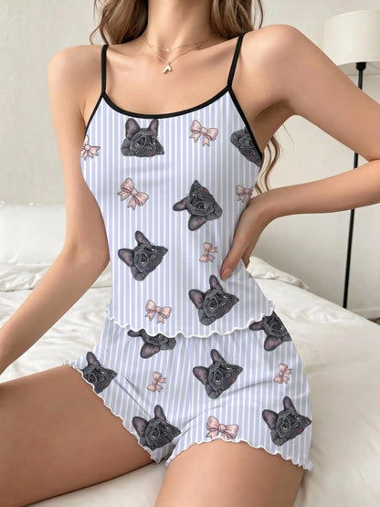 Women'S Summer Pajama Set 2 Piece, Cartoon Pattern Sleepwear, Casual Fitted Nightgown & Shorts, Comfortable Home Wear
