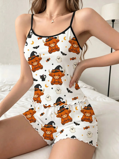 Women'S Summer Pajama Set 2 Piece, Cartoon Pattern Sleepwear, Casual Fitted Nightgown & Shorts, Comfortable Home Wear