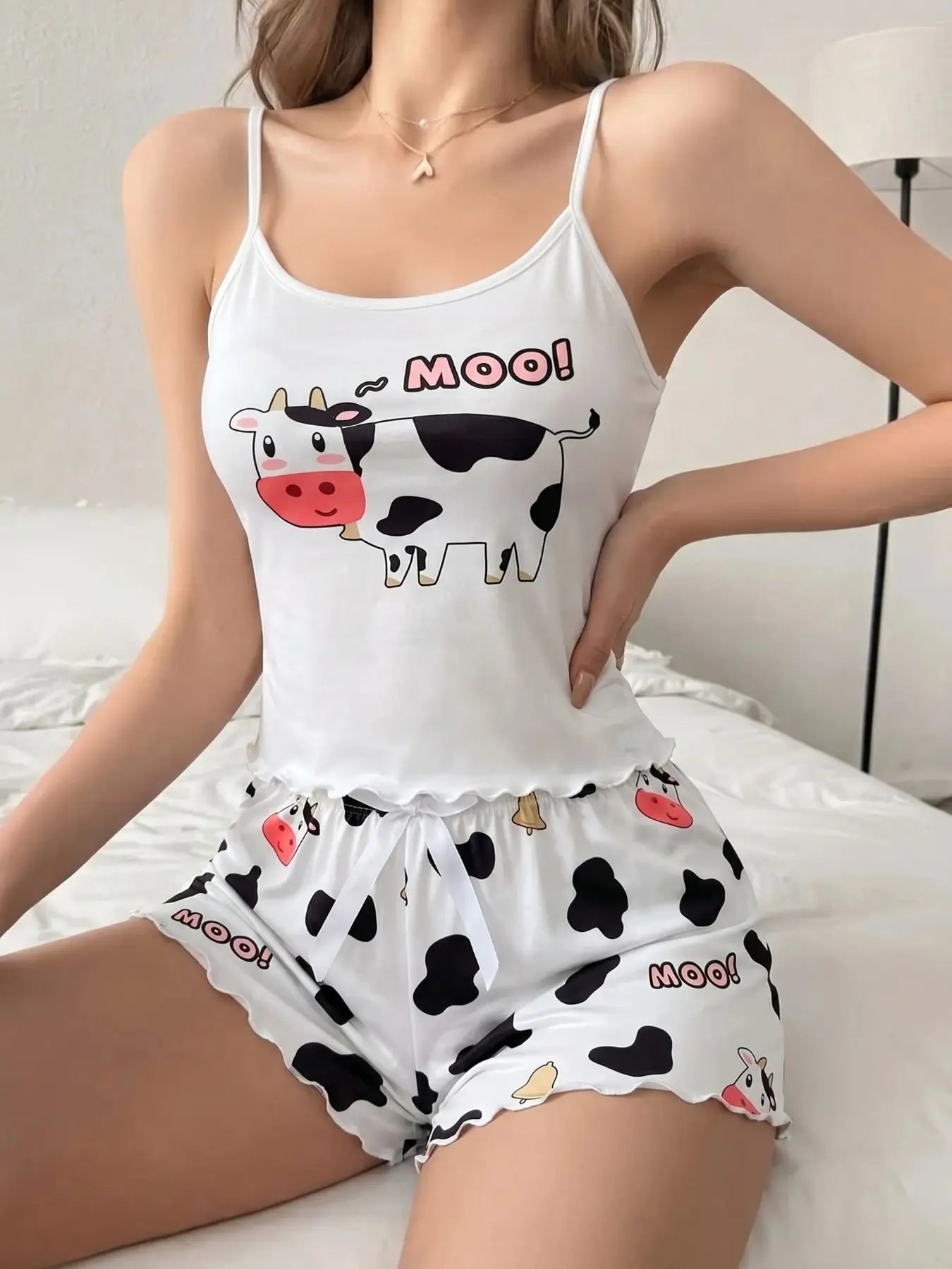Women'S Summer Pajama Set 2 Piece, Cartoon Pattern Sleepwear, Casual Fitted Nightgown & Shorts, Comfortable Home Wear