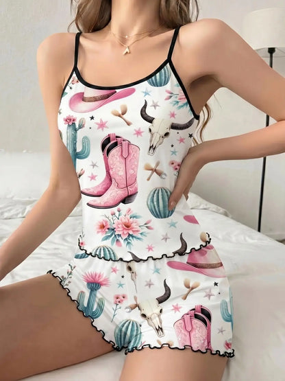 Women'S Summer Pajama Set 2 Piece, Cartoon Pattern Sleepwear, Casual Fitted Nightgown & Shorts, Comfortable Home Wear