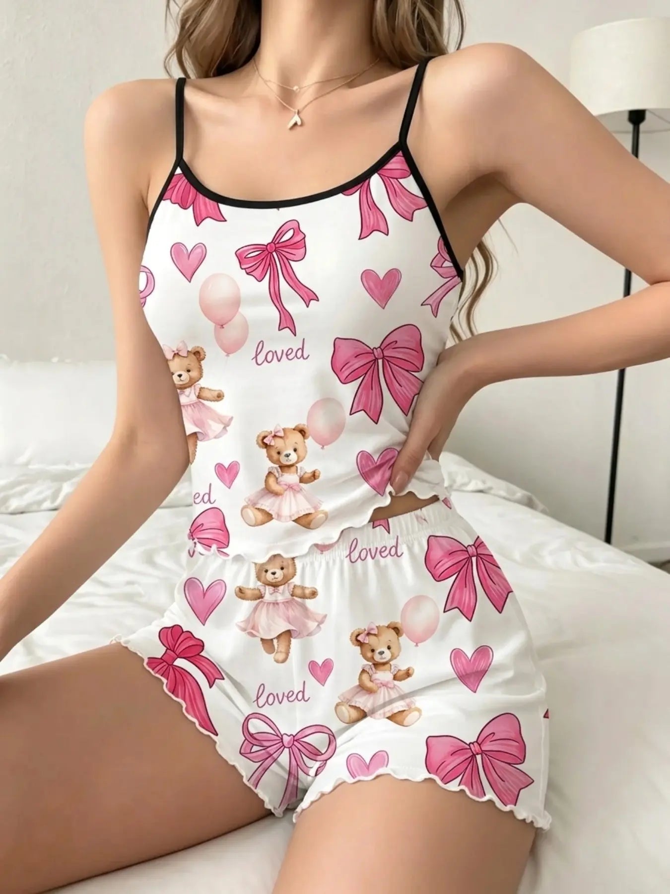 Women'S Summer Pajama Set 2 Piece, Cartoon Pattern Sleepwear, Casual Fitted Nightgown & Shorts, Comfortable Home Wear