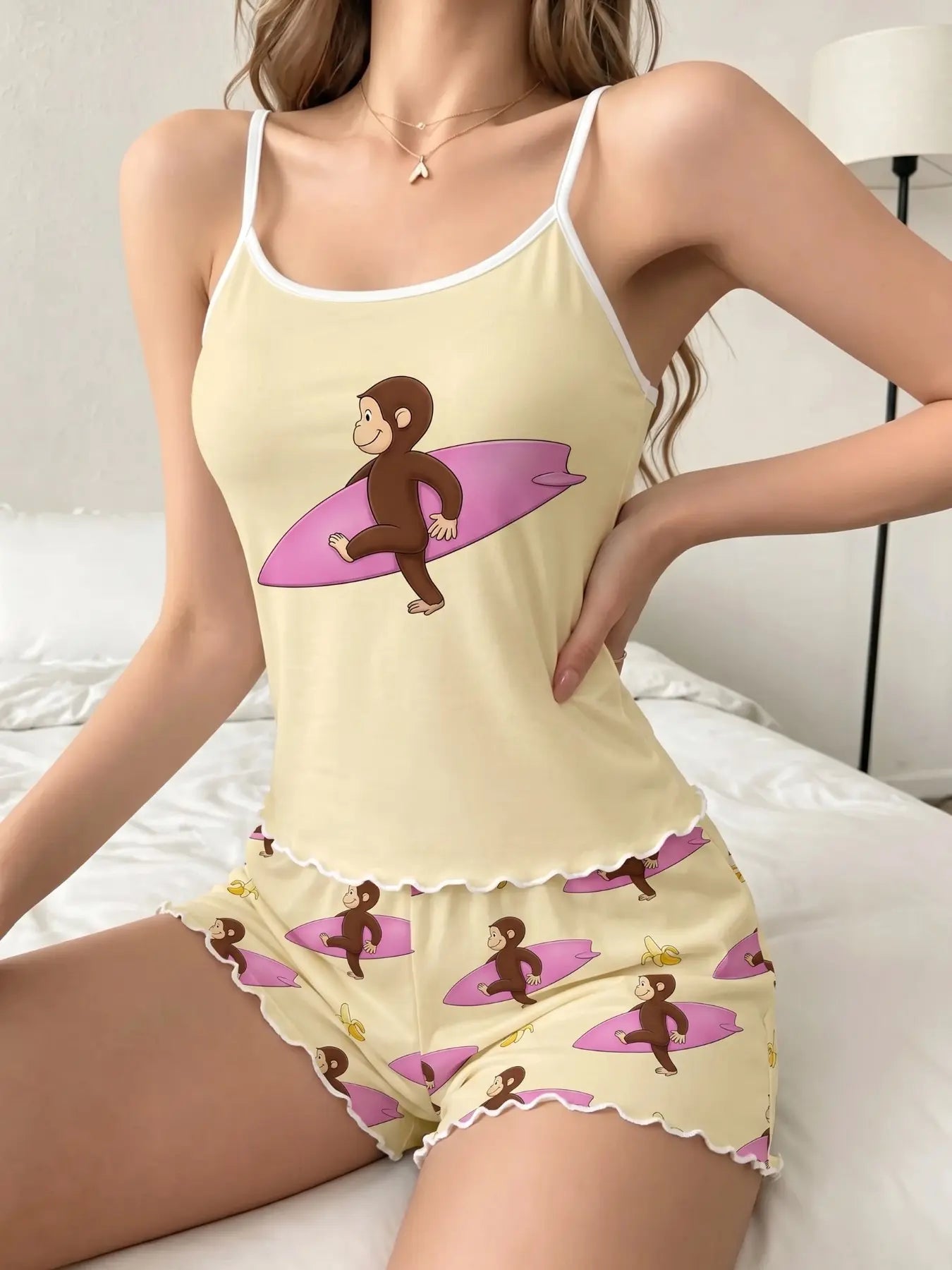 Women'S Summer Pajama Set 2 Piece, Cartoon Pattern Sleepwear, Casual Fitted Nightgown & Shorts, Comfortable Home Wear
