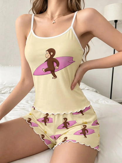 Women'S Summer Pajama Set 2 Piece, Cartoon Pattern Sleepwear, Casual Fitted Nightgown & Shorts, Comfortable Home Wear