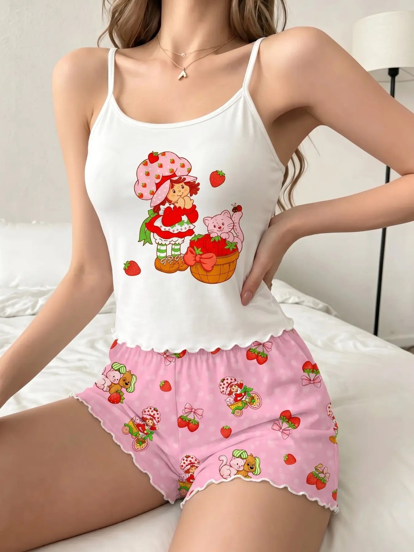 Women'S Summer Pajama Set 2 Piece, Cartoon Pattern Sleepwear, Casual Fitted Nightgown & Shorts, Comfortable Home Wear