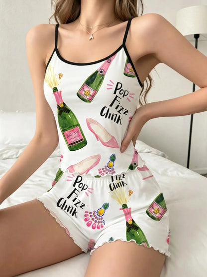 Women'S Summer Pajama Set 2 Piece, Cartoon Pattern Sleepwear, Casual Fitted Nightgown & Shorts, Comfortable Home Wear