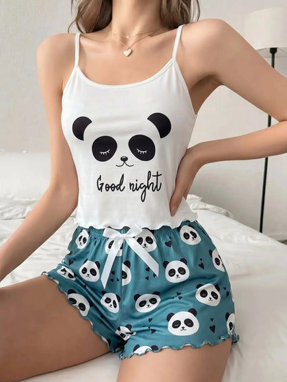Women'S Summer Pajama Set 2 Piece, Cartoon Pattern Sleepwear, Casual Fitted Nightgown & Shorts, Comfortable Home Wear
