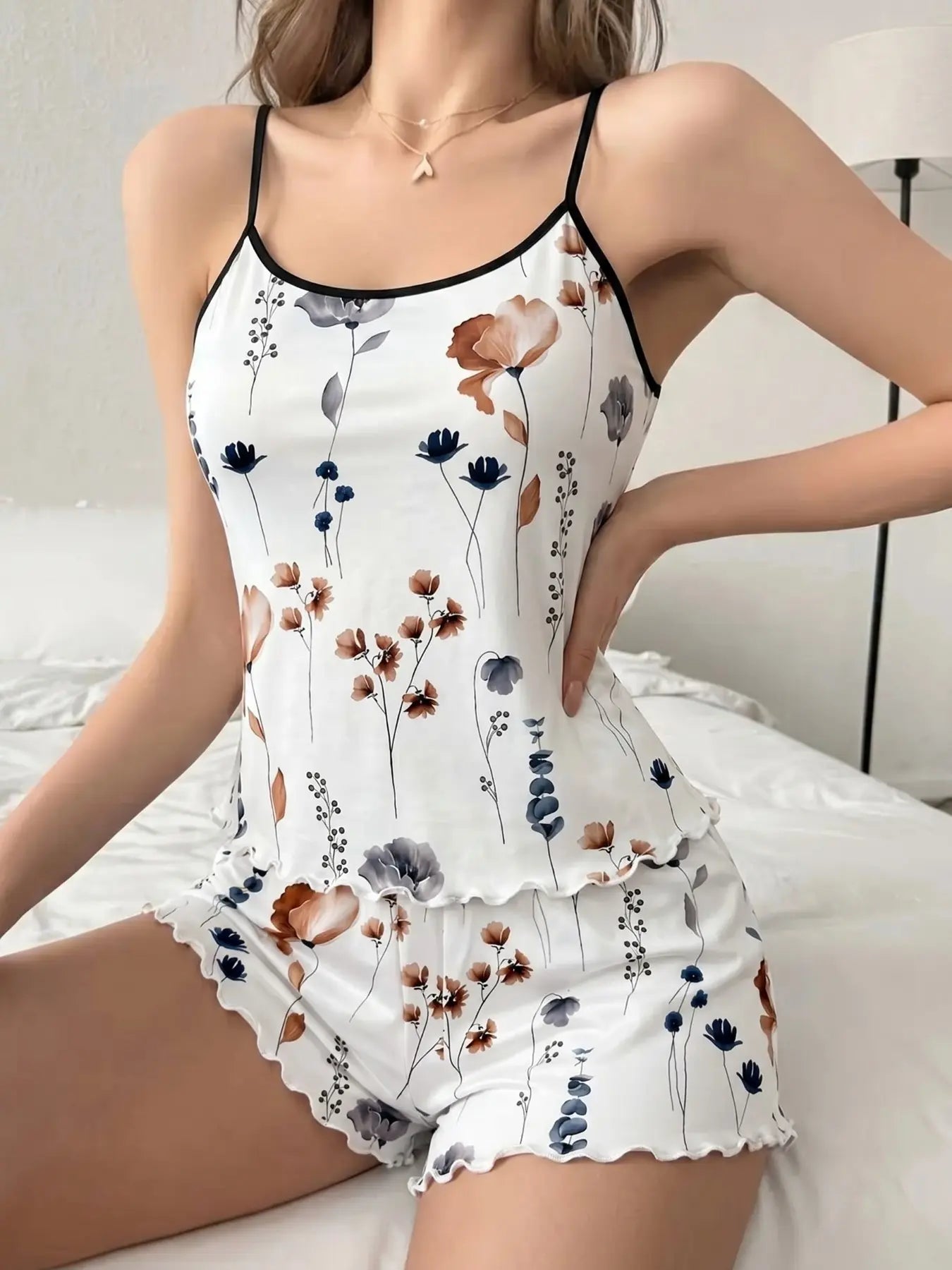 Women'S Summer Pajama Set 2 Piece, Cartoon Pattern Sleepwear, Casual Fitted Nightgown & Shorts, Comfortable Home Wear