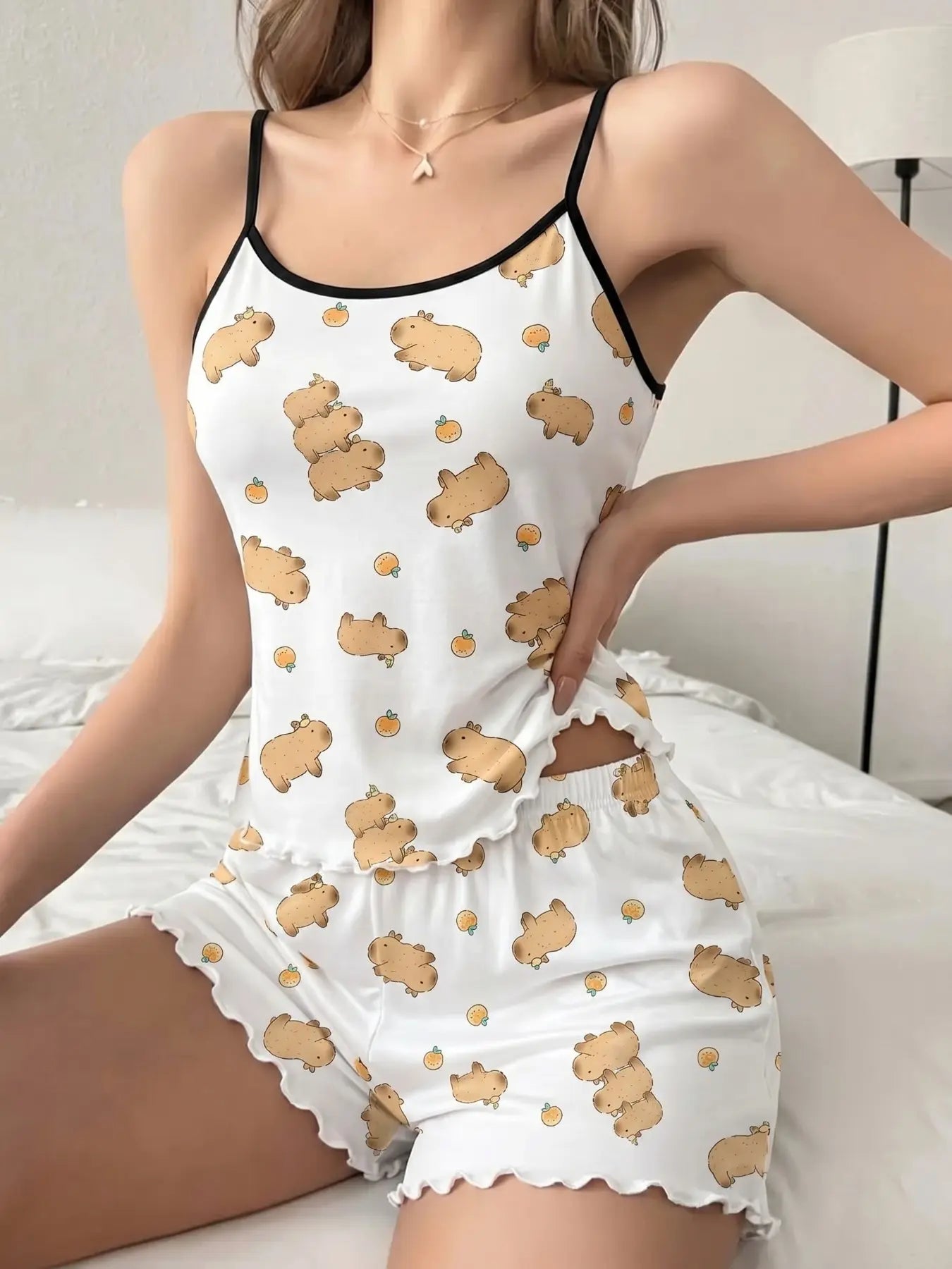 Women'S Summer Pajama Set 2 Piece, Cartoon Pattern Sleepwear, Casual Fitted Nightgown & Shorts, Comfortable Home Wear
