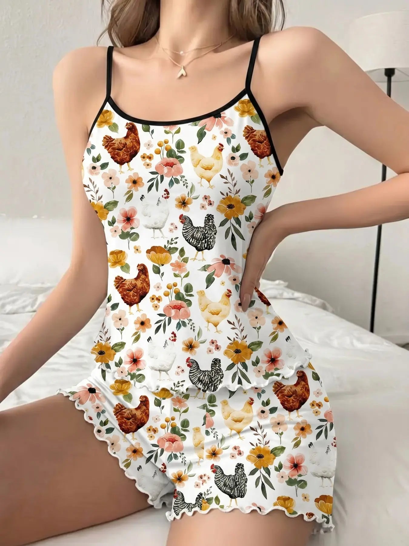 Women'S Summer Pajama Set 2 Piece, Cartoon Pattern Sleepwear, Casual Fitted Nightgown & Shorts, Comfortable Home Wear