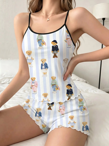 Women'S Summer Pajama Set 2 Piece, Cartoon Pattern Sleepwear, Casual Fitted Nightgown & Shorts, Comfortable Home Wear