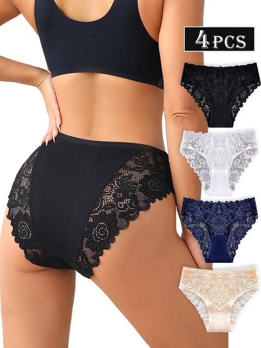 4 PCS Women‘S Elegant Floral Lace Panty Set, Sophisticated Lace Underwear, Soft Breathable Knicker, Seamless Low-Rise Design, for Everyday & Date Night, Breathable Comfortable & Non-Irritating, Sizes S-XXL, Breathable Seamless Panties