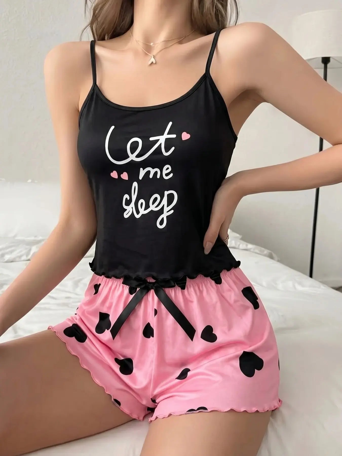 Women'S Summer Pajama Set 2 Piece, Cartoon Pattern Sleepwear, Casual Fitted Nightgown & Shorts, Comfortable Home Wear