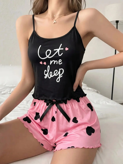 Women'S Summer Pajama Set 2 Piece, Cartoon Pattern Sleepwear, Casual Fitted Nightgown & Shorts, Comfortable Home Wear