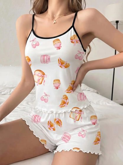 Women'S Summer Pajama Set 2 Piece, Cartoon Pattern Sleepwear, Casual Fitted Nightgown & Shorts, Comfortable Home Wear