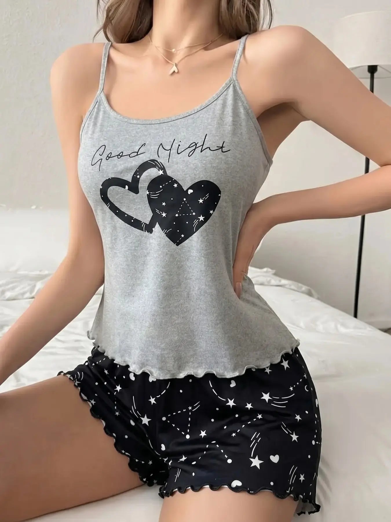 Women'S Summer Pajama Set 2 Piece, Cartoon Pattern Sleepwear, Casual Fitted Nightgown & Shorts, Comfortable Home Wear