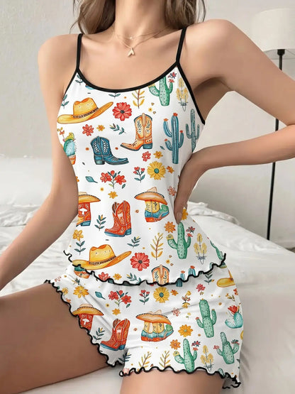 Women'S Summer Pajama Set 2 Piece, Cartoon Pattern Sleepwear, Casual Fitted Nightgown & Shorts, Comfortable Home Wear