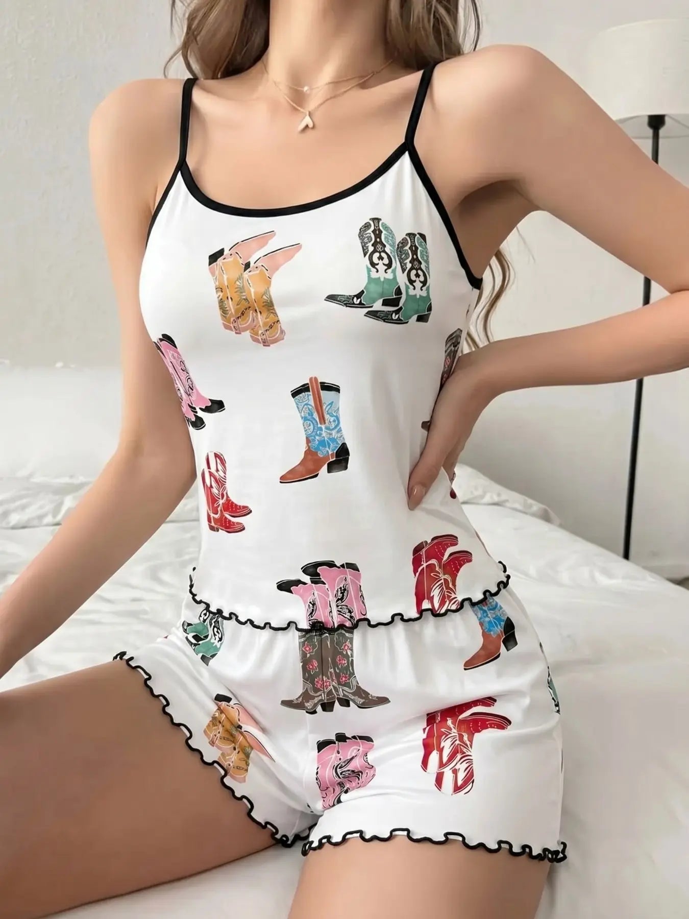 Women'S Summer Pajama Set 2 Piece, Cartoon Pattern Sleepwear, Casual Fitted Nightgown & Shorts, Comfortable Home Wear